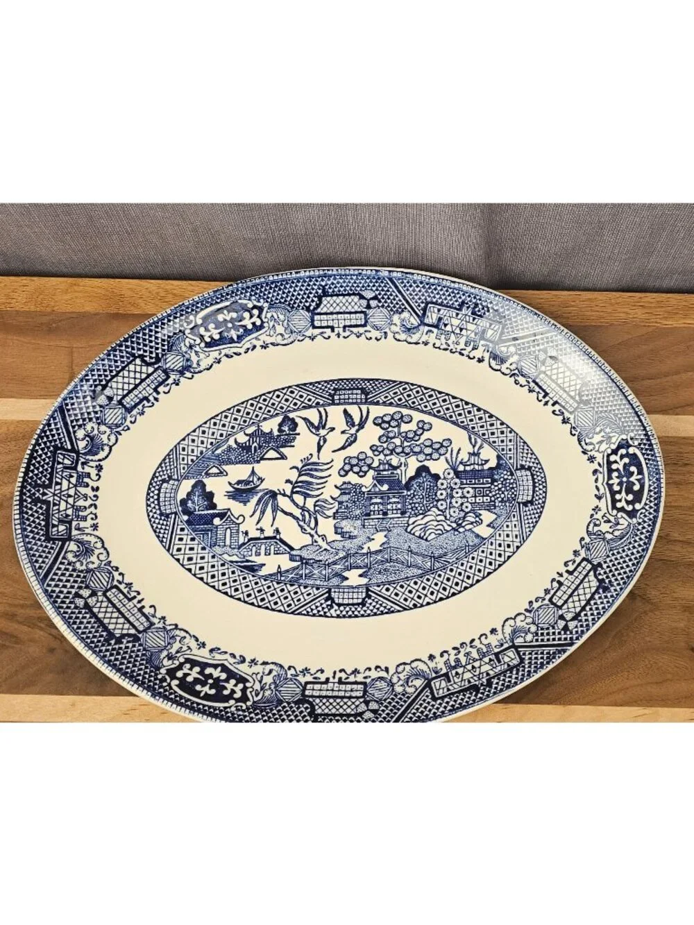 Vintage Blue & White Willow Pattern Oval Serving Platter Made In USA 16